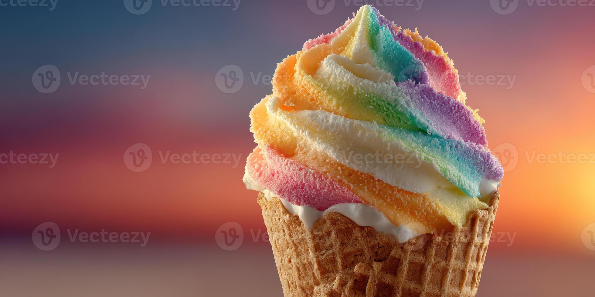 Colorful rainbow swirl ice cream cone against a vibrant sunset backdrop during warm summer evening photo