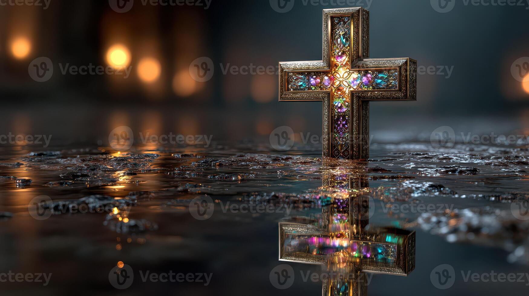Decorative cross illuminated in a dimly lit cavern reflecting on a water surface photo