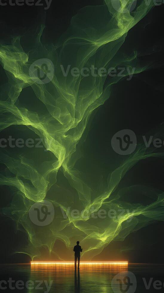 Individual stands in awe before a vibrant green display of light and swirling patterns in an immersive art installation photo