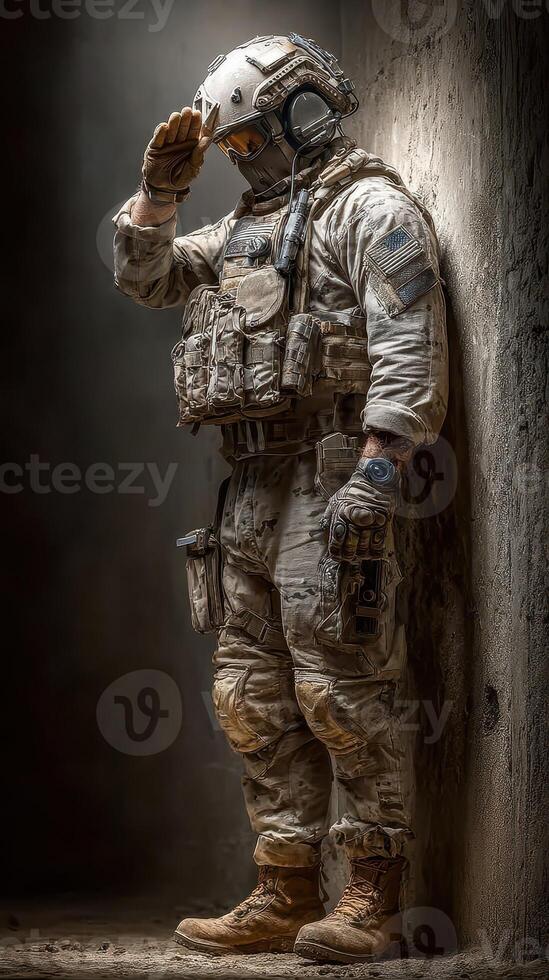 Soldier saluting in tactical gear within a dimly lit, industrial environment showcasing dedication and discipline photo
