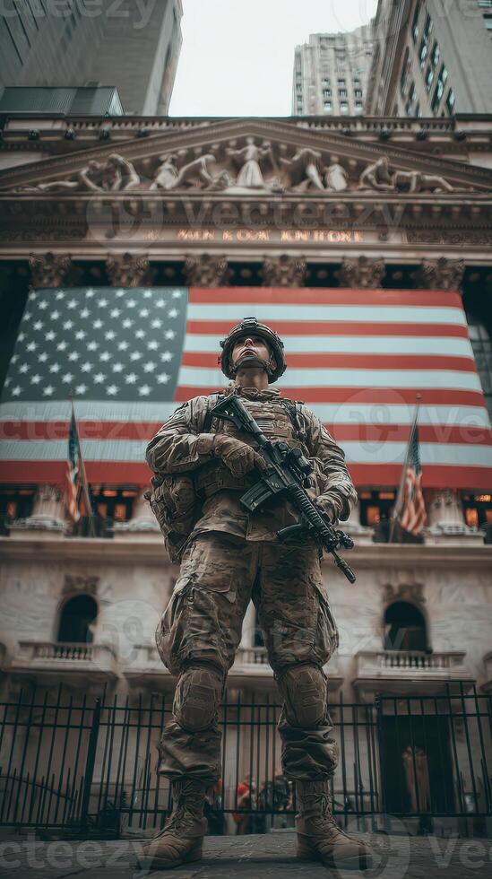 Military presence at the New York Stock Exchange displays patriotism during a significant event photo