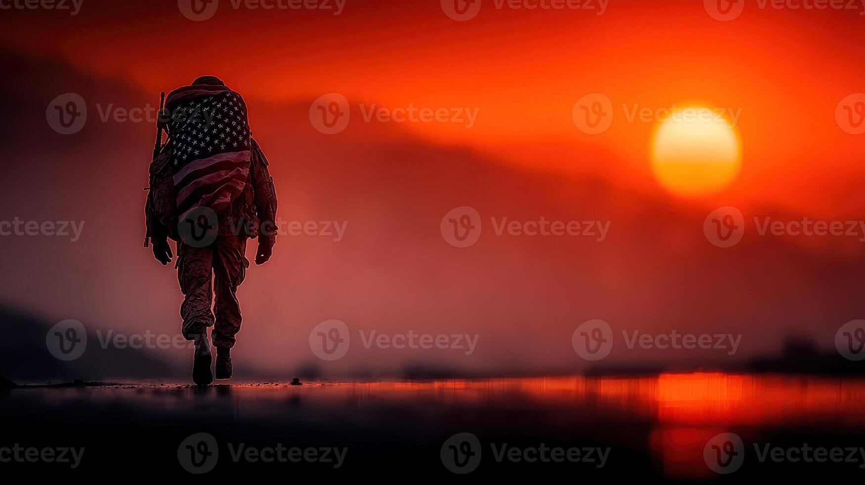 Soldier walks towards sunset with American flag draped over shoulders during a peaceful moment in nature photo