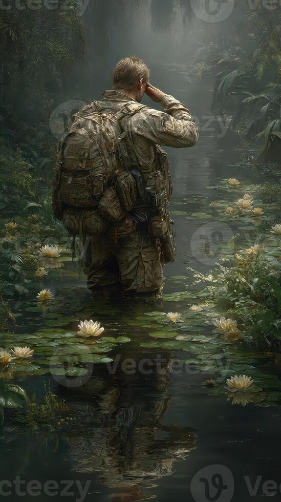 Soldier navigating a mysterious waterway surrounded by lush vegetation and blooming lilies at dawn photo