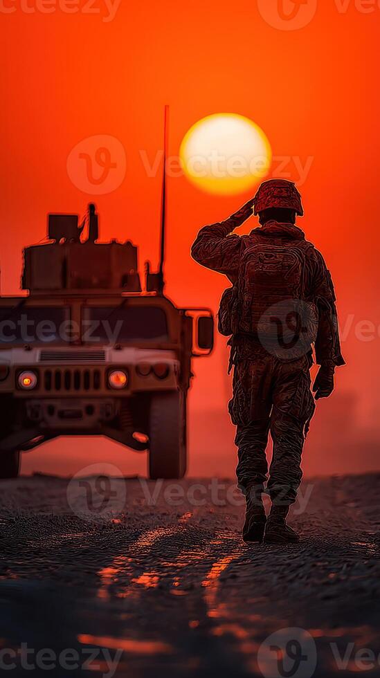 Soldier salutes at sunset with military vehicle in a desert environment photo