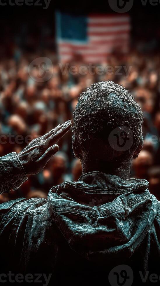 Soldier saluting during emotional tribute at a public gathering with an American flag in the background photo