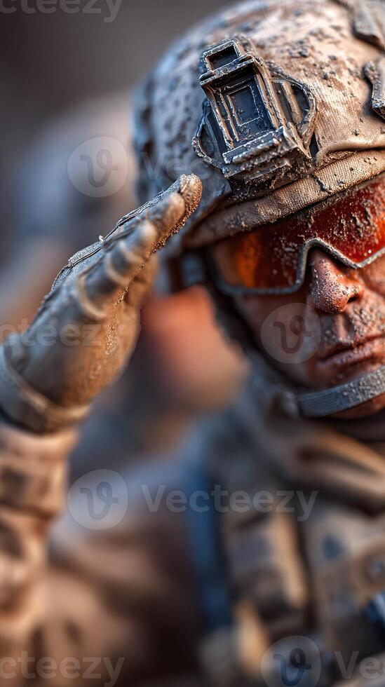 Soldier figurine saluting with snowy details in a realistic winter setting during a training exercise photo