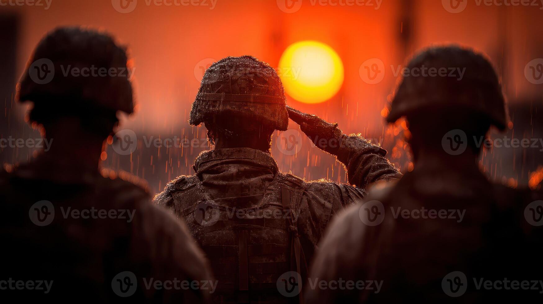 Soldiers salute at sunset during a rain-soaked ceremony in an outdoor military setting photo