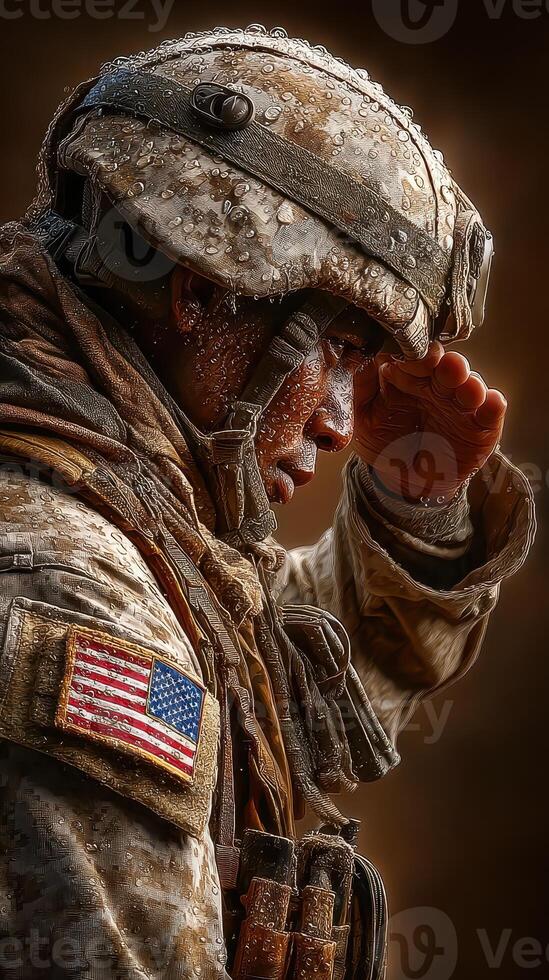 Soldier saluting in a rain-soaked environment during a military operation at dawn photo