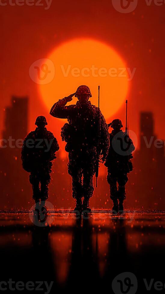 Soldiers marching against a vibrant sunset in an urban landscape highlighting courage and sacrifice photo