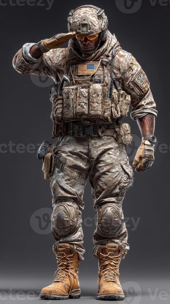 Soldier in camouflage uniform saluting with respect while standing against a plain background photo