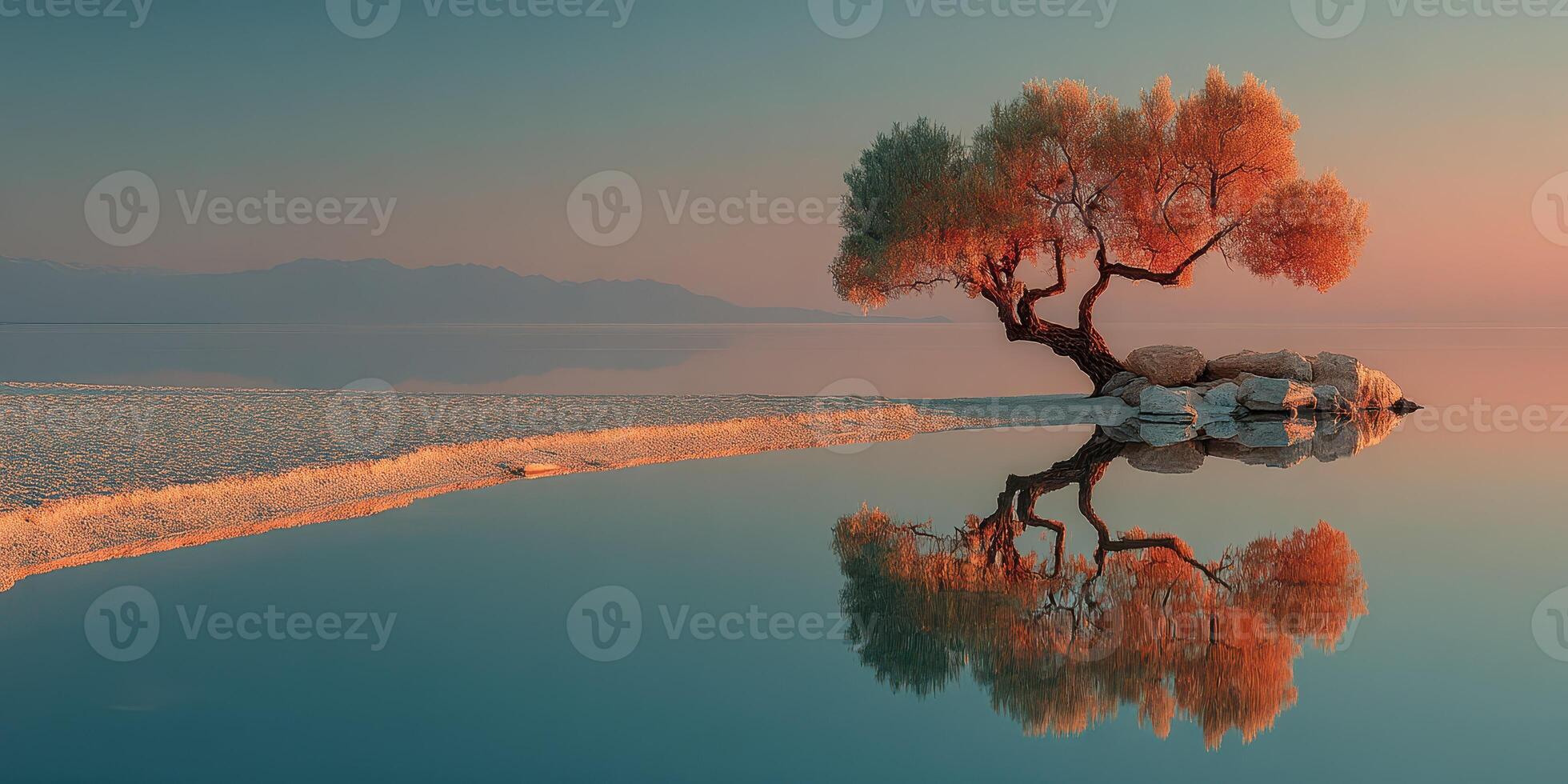 Beautiful tranquil tree reflects on calm water during sunset in a serene landscape with distant mountains photo