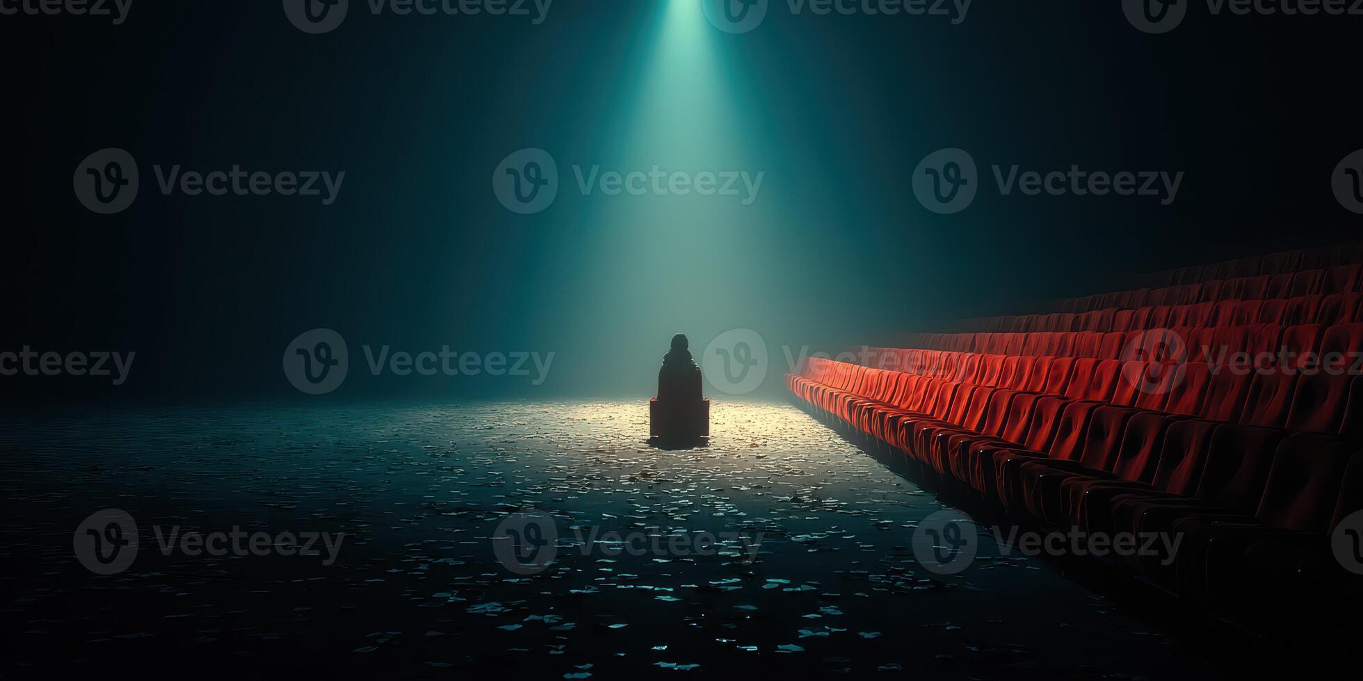 Light shines on a solitary figure seated in an empty theater during a dramatic performance at night photo