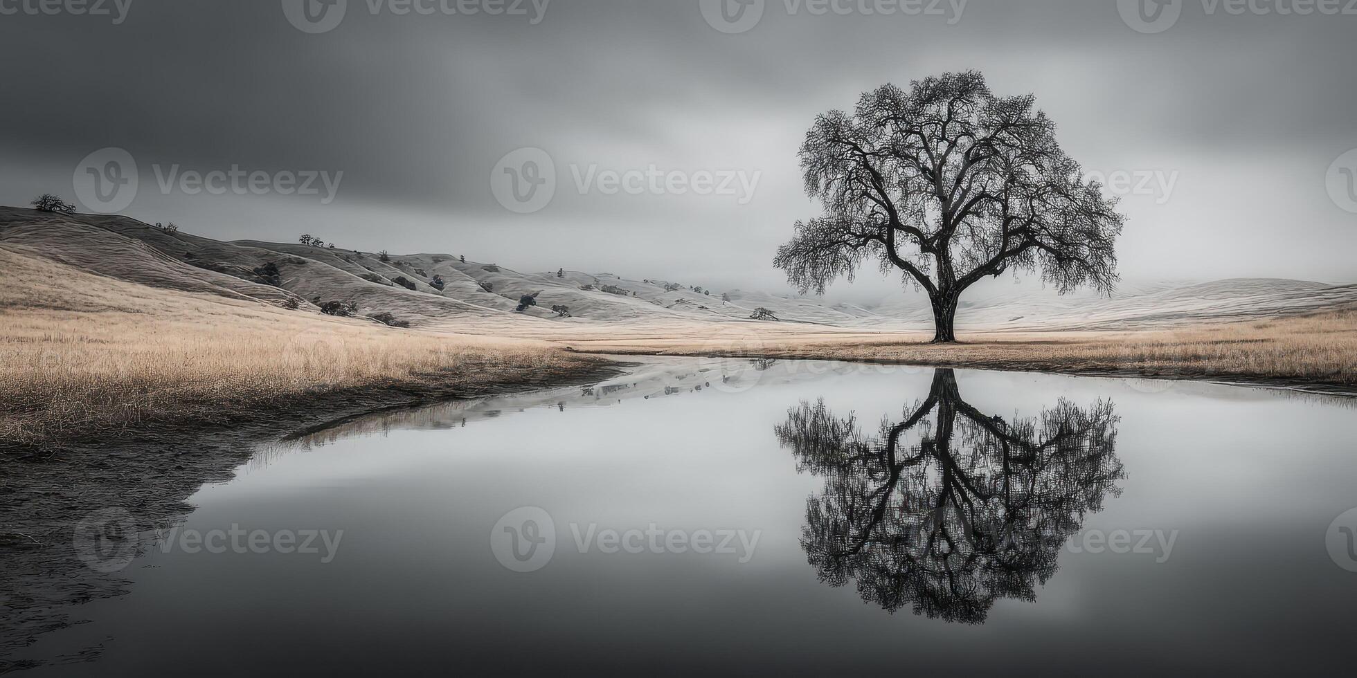 Majestic lone tree reflecting in calm water at dawn in a serene landscape photo