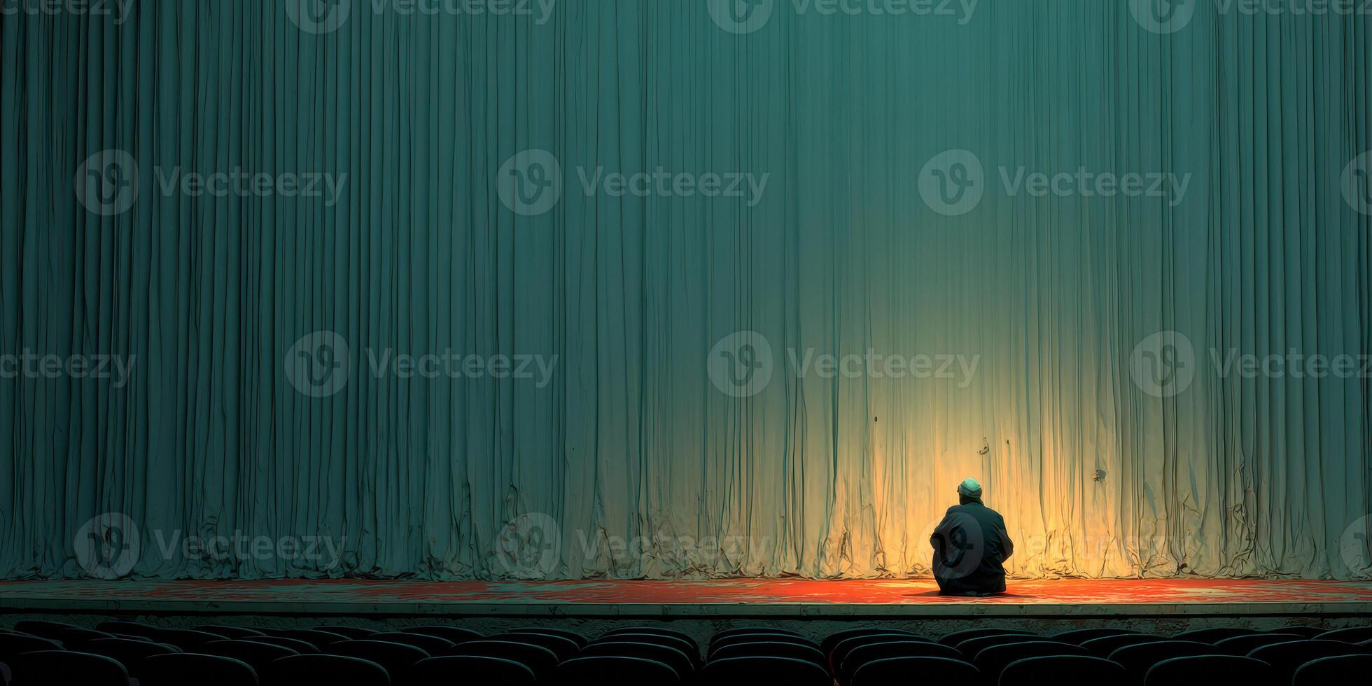 Performer reflects in solitude before a vibrant stage curtain in an empty theater during a quiet evening photo