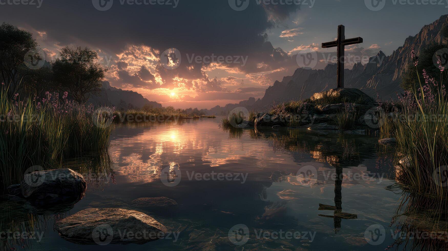 Serene sunset over a calm lake with a cross on a rocky outcrop in a tranquil landscape photo