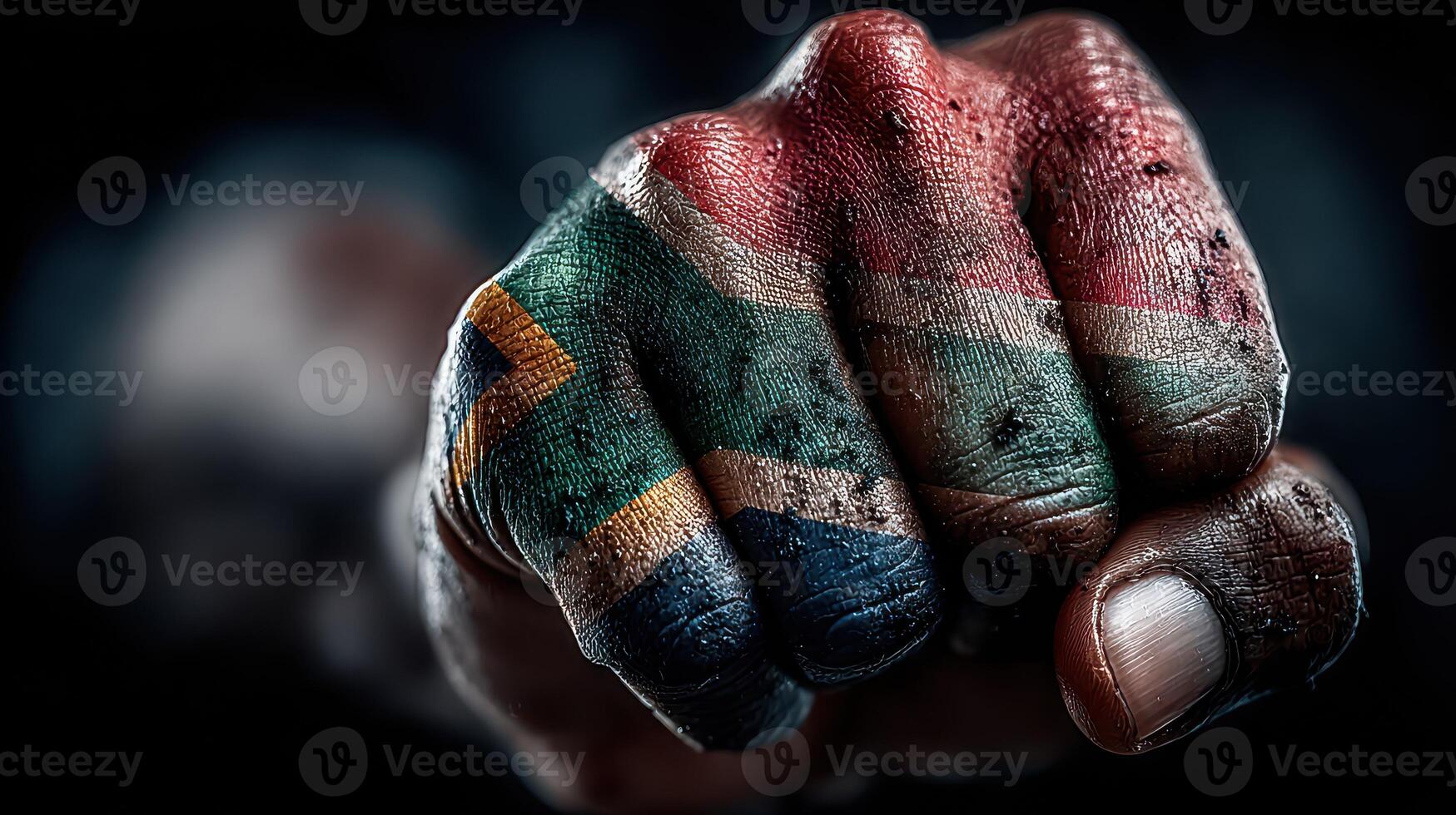 South African flag painted on fist symbolizing strength and unity during cultural celebration photo