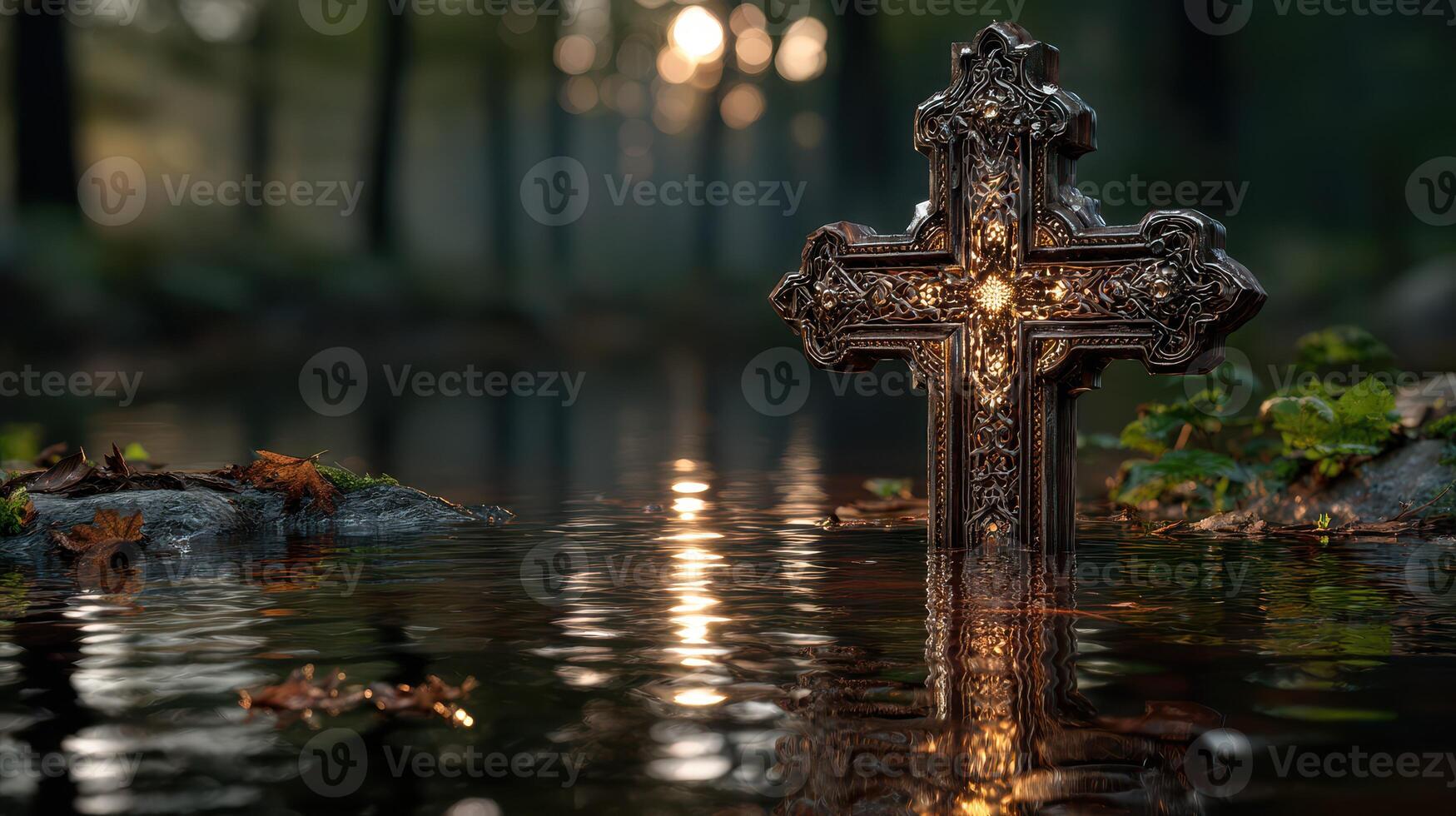 Ornate cross illuminated in calm water surrounded by trees at dusk in a serene forest setting photo