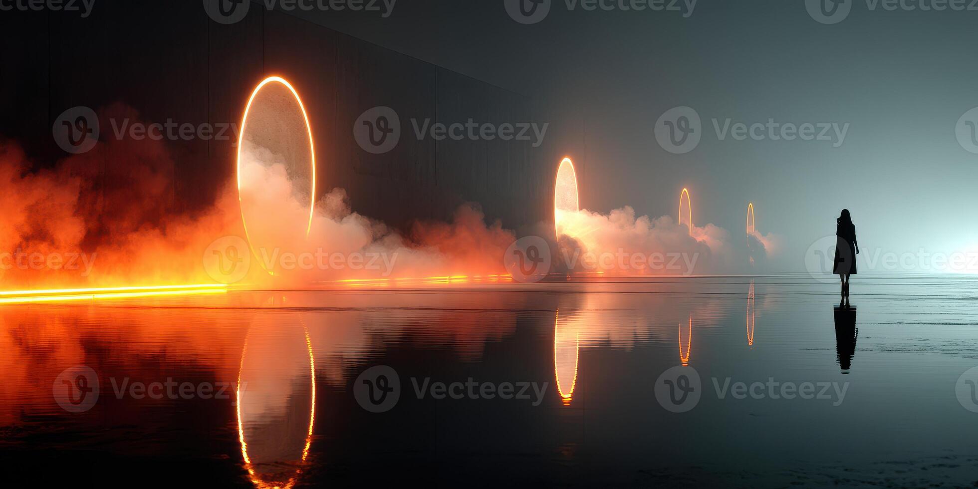 Mysterious figure standing by glowing portals in a foggy landscape at dusk photo