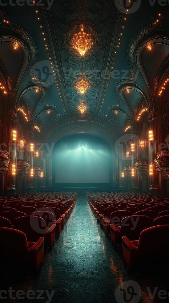 Elegant theater interior with illuminated stage and empty red velvet seats showcasing classic architecture photo