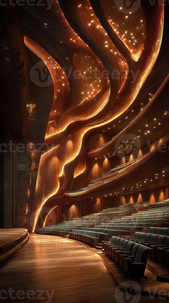 Stunning architectural design of a modern theater with flowing wooden elements and elegant lighting creates an inviting atmosphere for performances photo