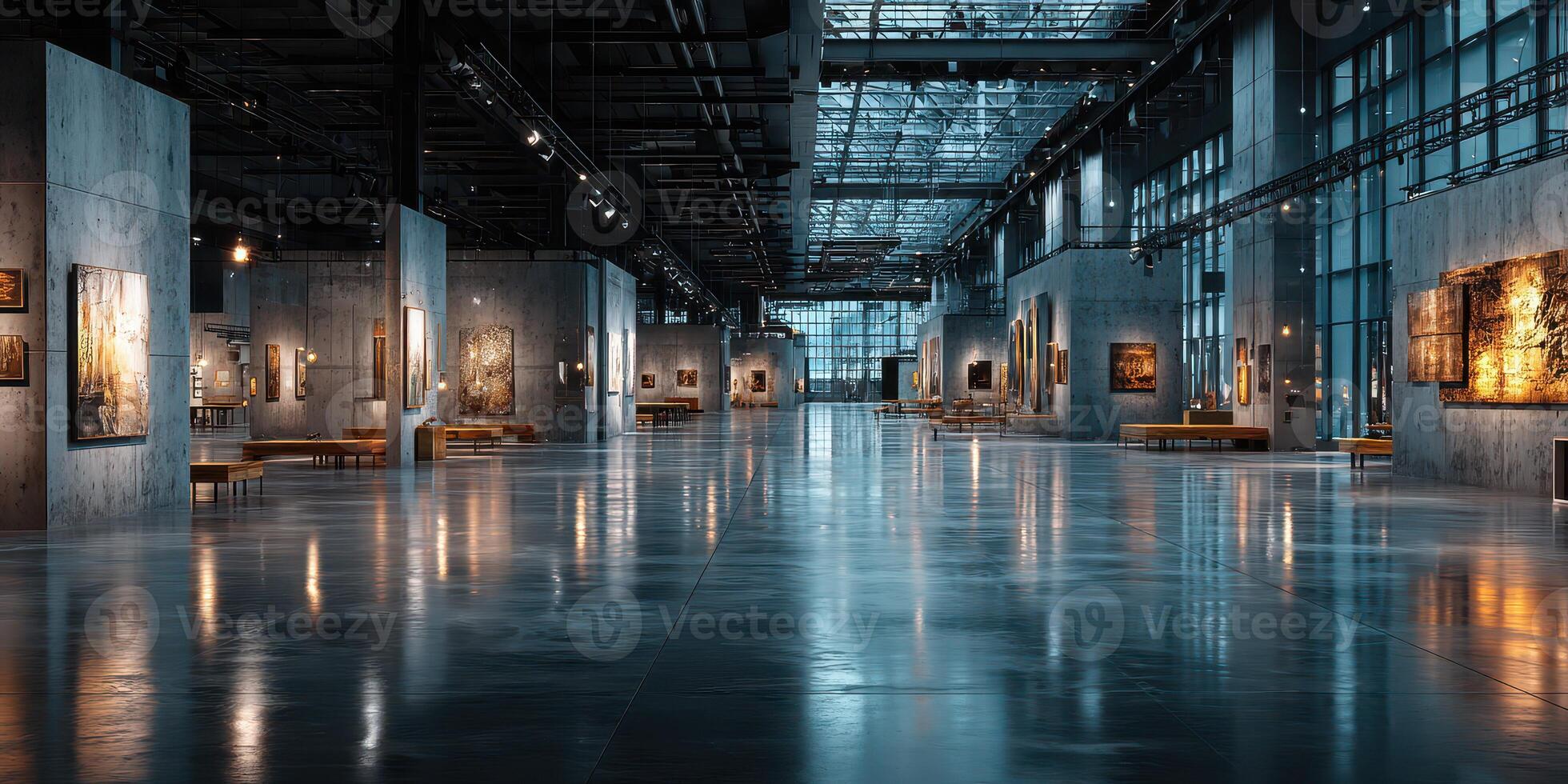 Modern art gallery features striking installations illuminated by natural light at evening photo