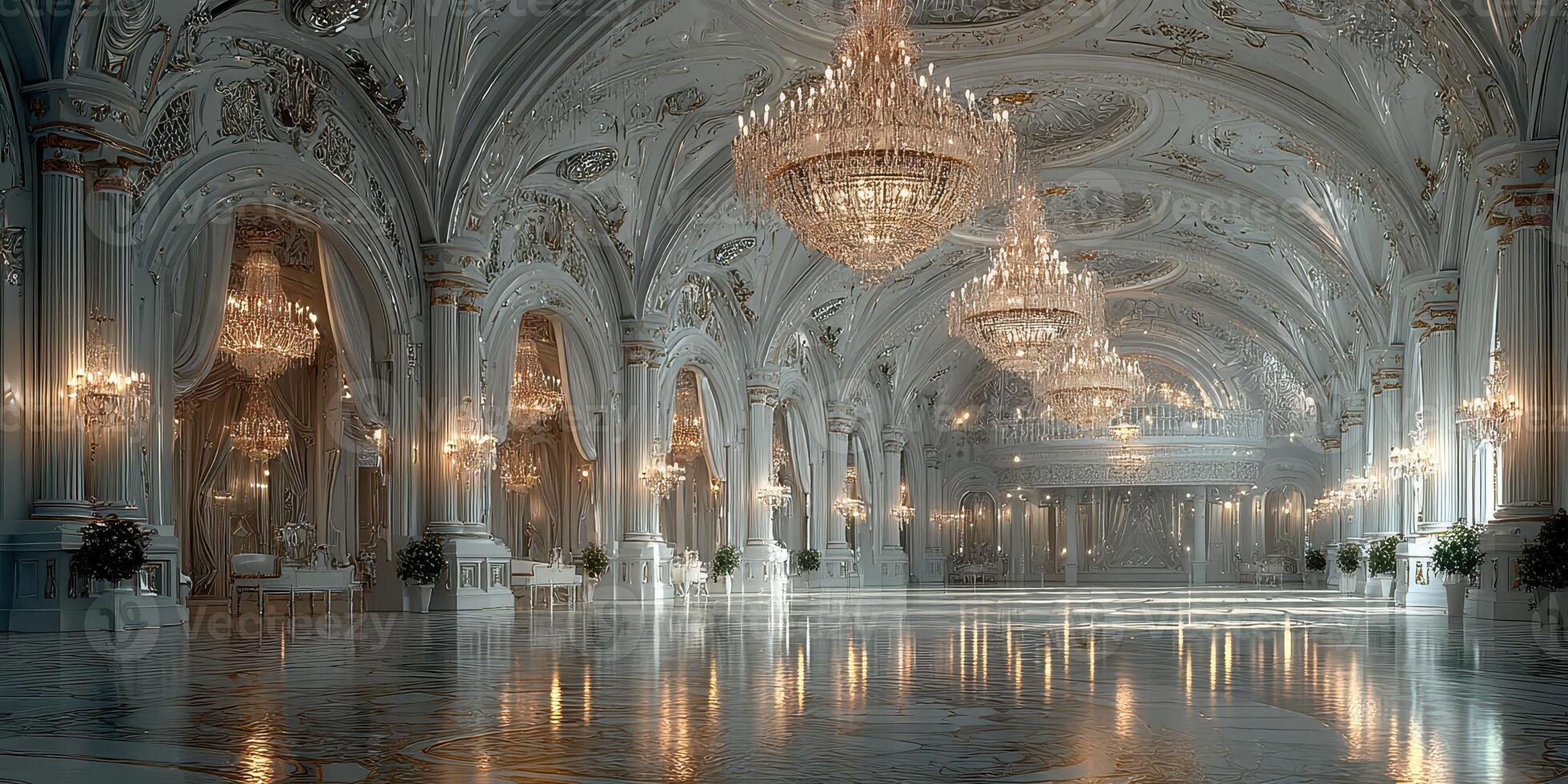 Elegant interior of a grand ballroom featuring chandeliers and polished marble flooring during a lavish event in a historic palace photo