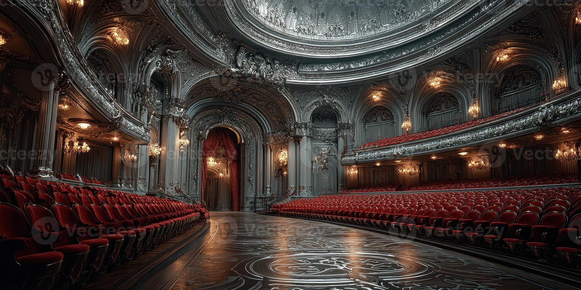 Elegant interior of a historic theater showcasing ornate architecture and empty red seats before a performance at dusk photo