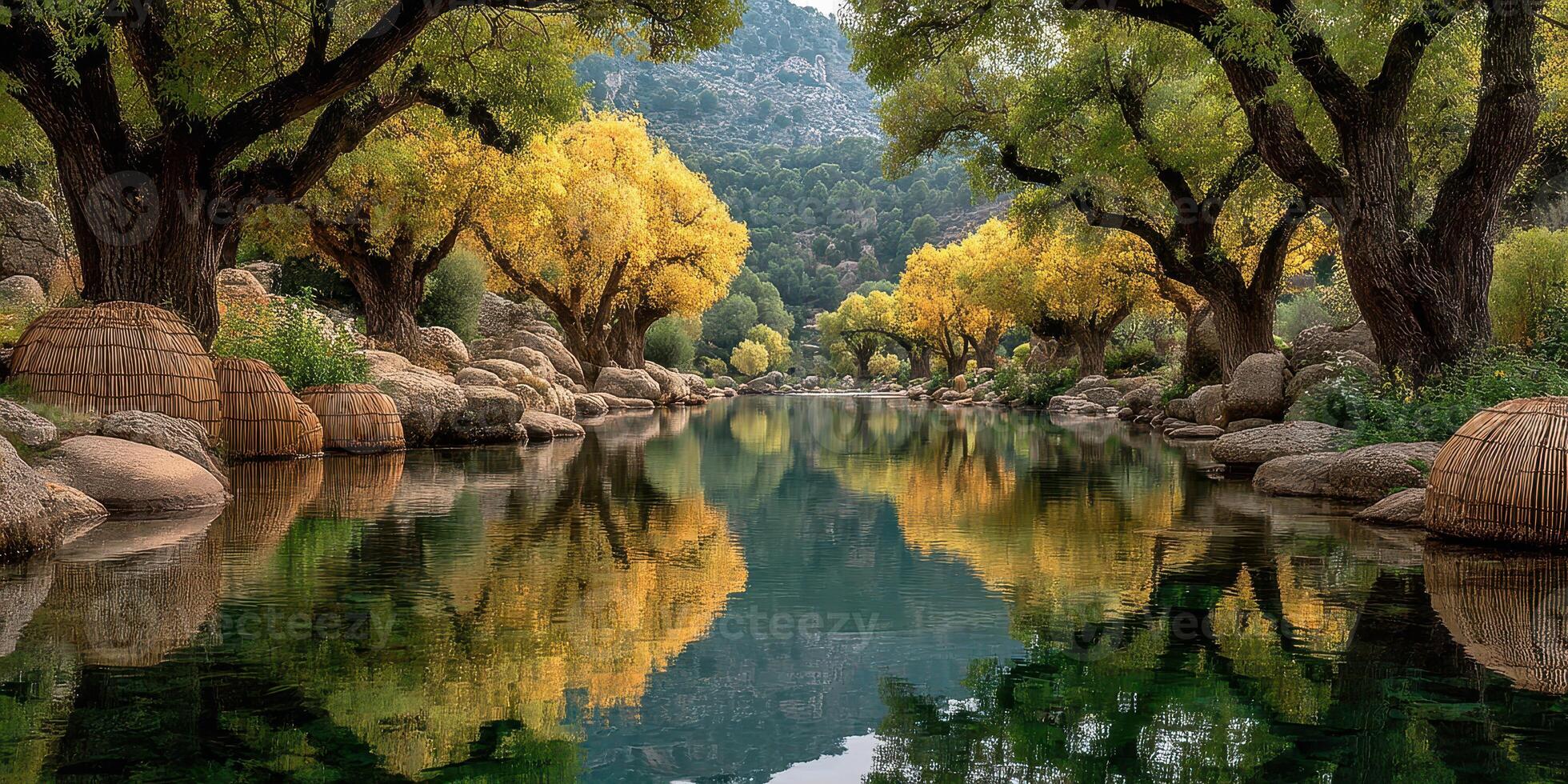 Golden trees reflect in tranquil river surrounded by rocks and serene nature during autumn afternoon photo