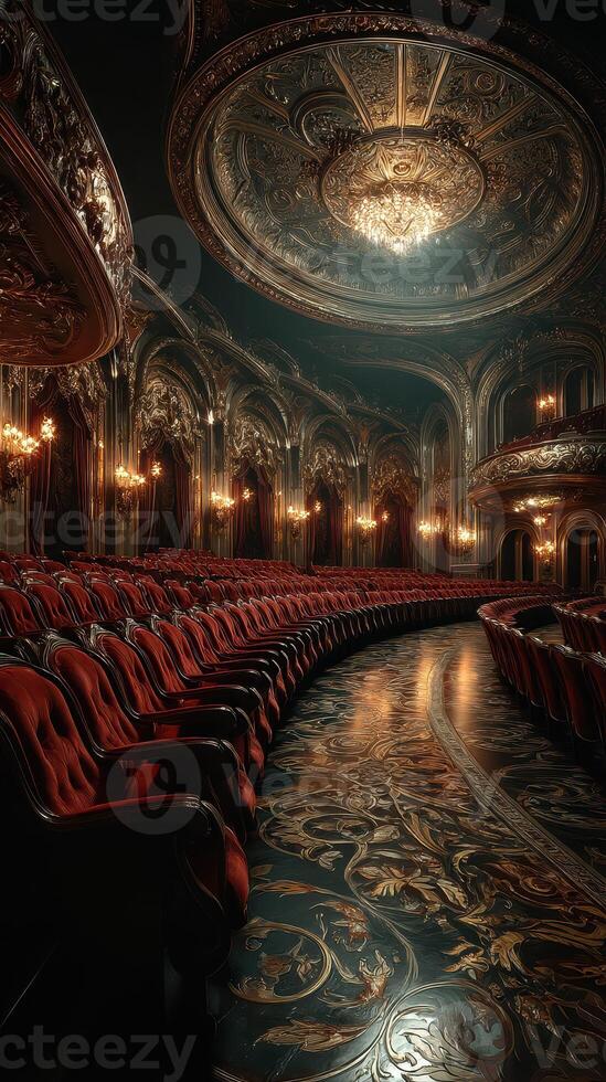 Luxurious vintage theater interior featuring red velvet seats and ornate design photo