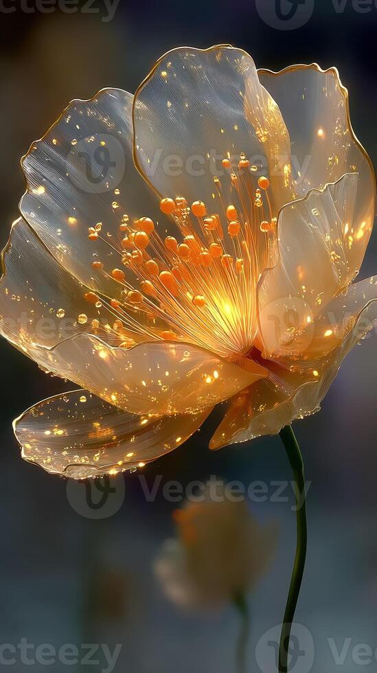 Delicate translucent flower illuminated by soft lights in a serene setting during twilight photo