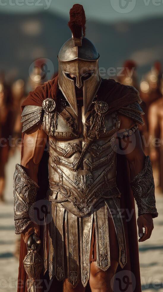 Warrior in ancient armor marches confidently on a battlefield during sunset with fellow soldiers in the background photo