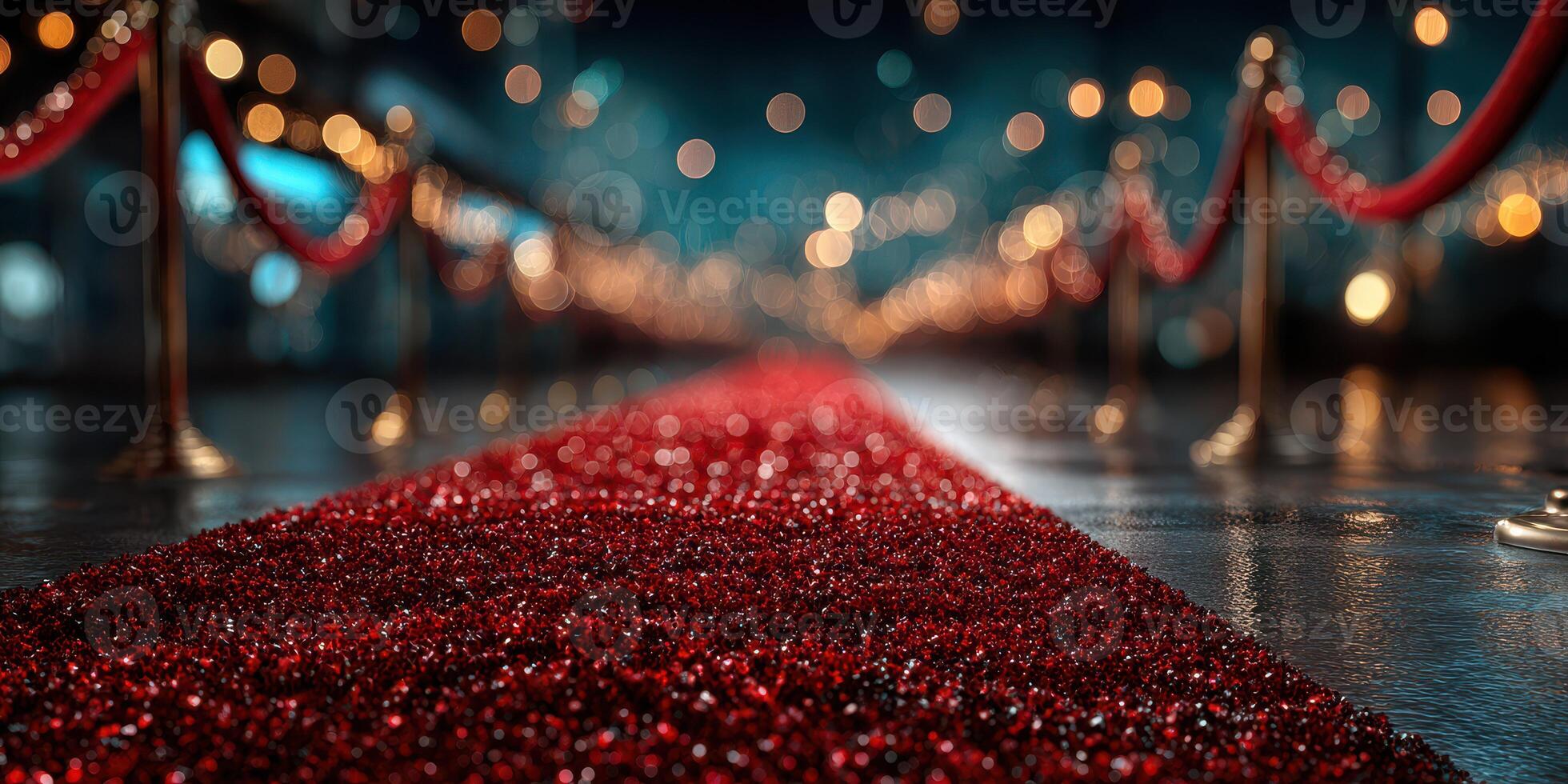 Red carpet entrance with elegant lighting at a glamorous evening event in an urban setting photo