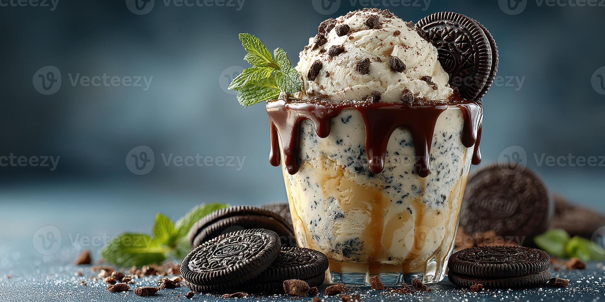 Delicious chocolate and cookie dessert served in a glass with mint garnish photo