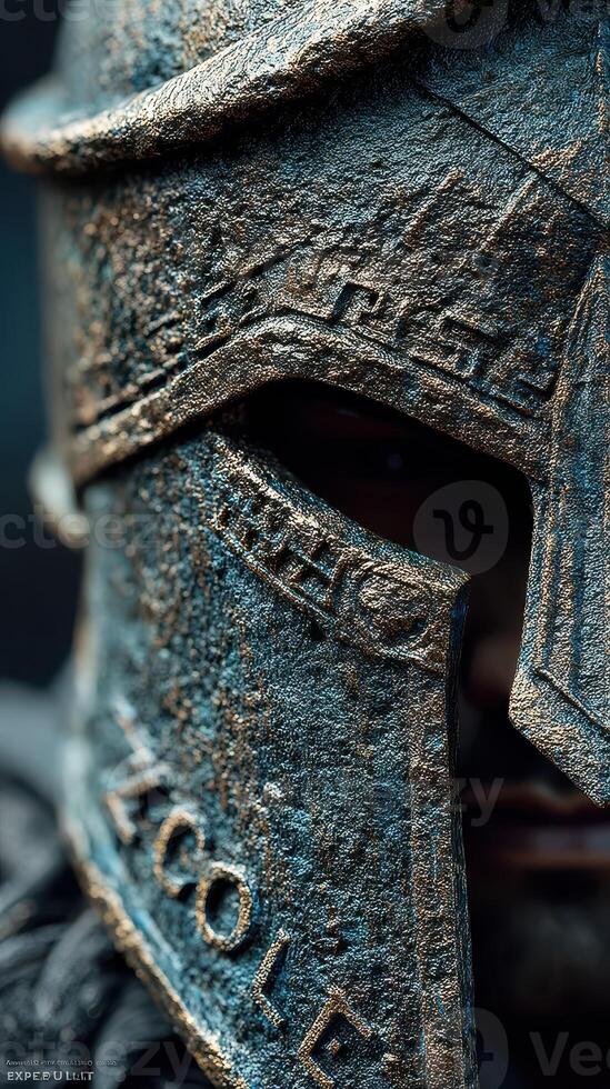 Detailed close-up of an ancient warrior's helmet showcasing intricate designs and textures in a dramatic light setting photo