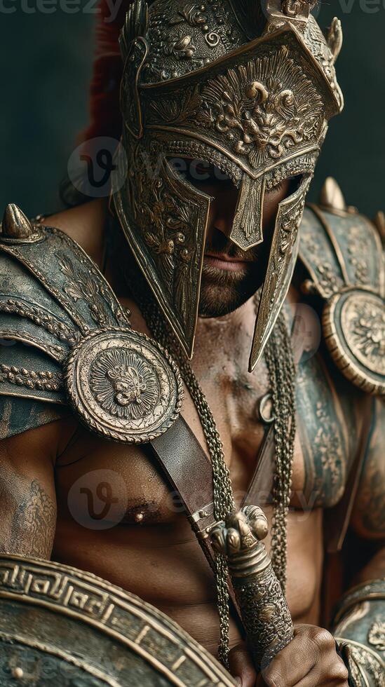 Detailed portrayal of a warrior in ancient armor showcasing strength and resilience in a dramatic setting photo