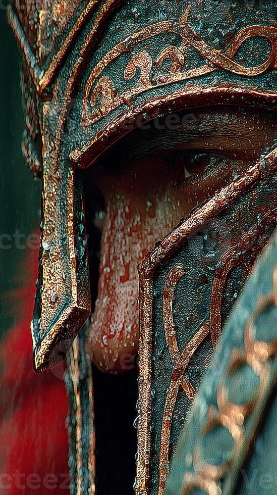 Warrior in ornate helmet during a rainstorm, emphasizing intense gaze and intricate armor details photo