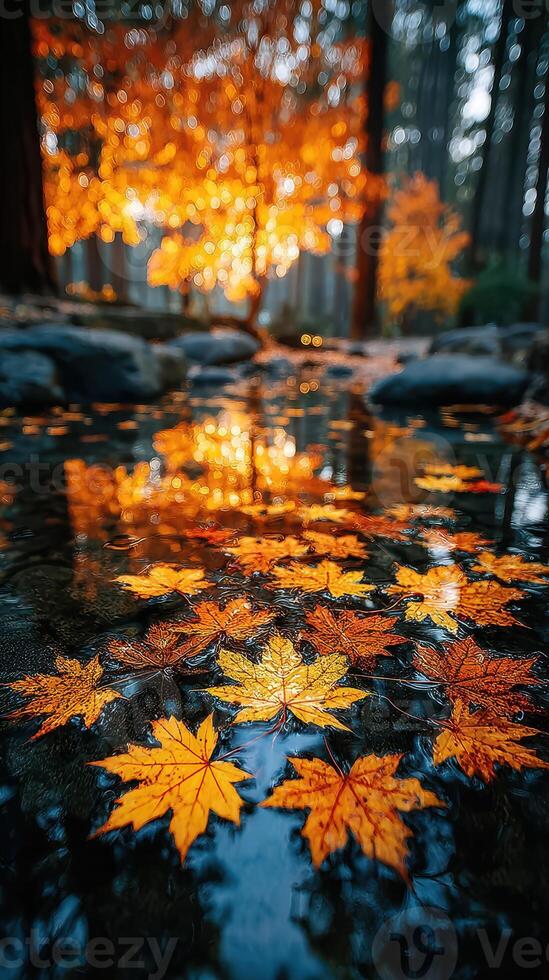 Autumn leaves float on tranquil water as golden sunlight filters through trees in a serene forest setting photo