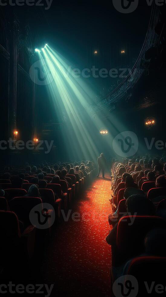 Dramatic performance with spotlight illuminating a seated audience in a historic theater photo