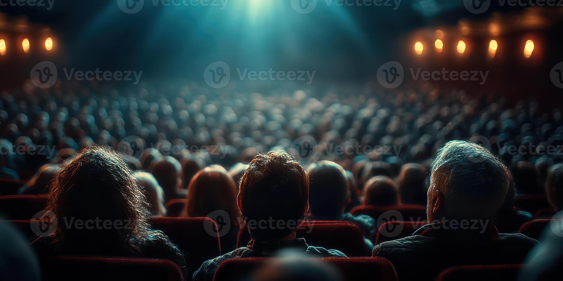 Crowd watching a film in a dimly lit theater during an evening screening photo