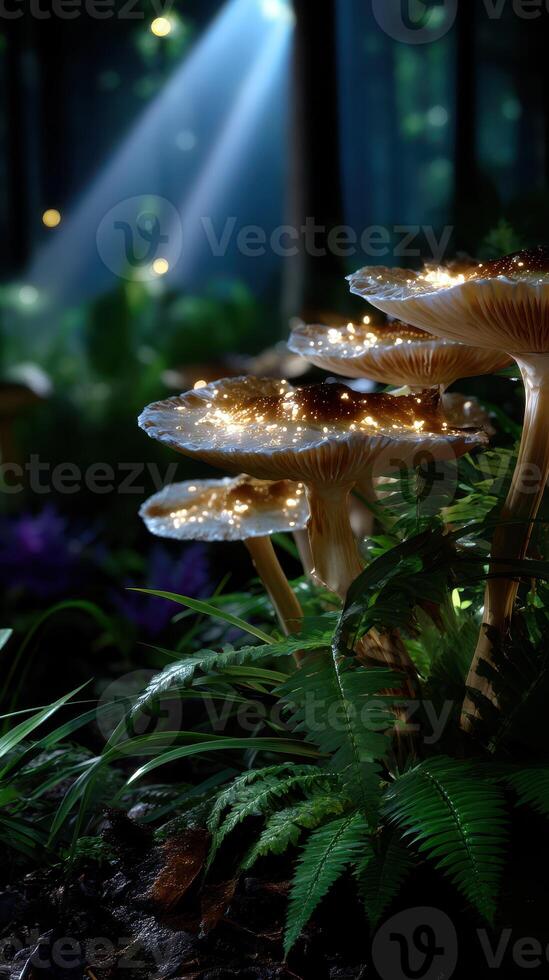 Enchanted forest scene with glowing mushrooms illuminated by soft light in a tranquil natural setting photo