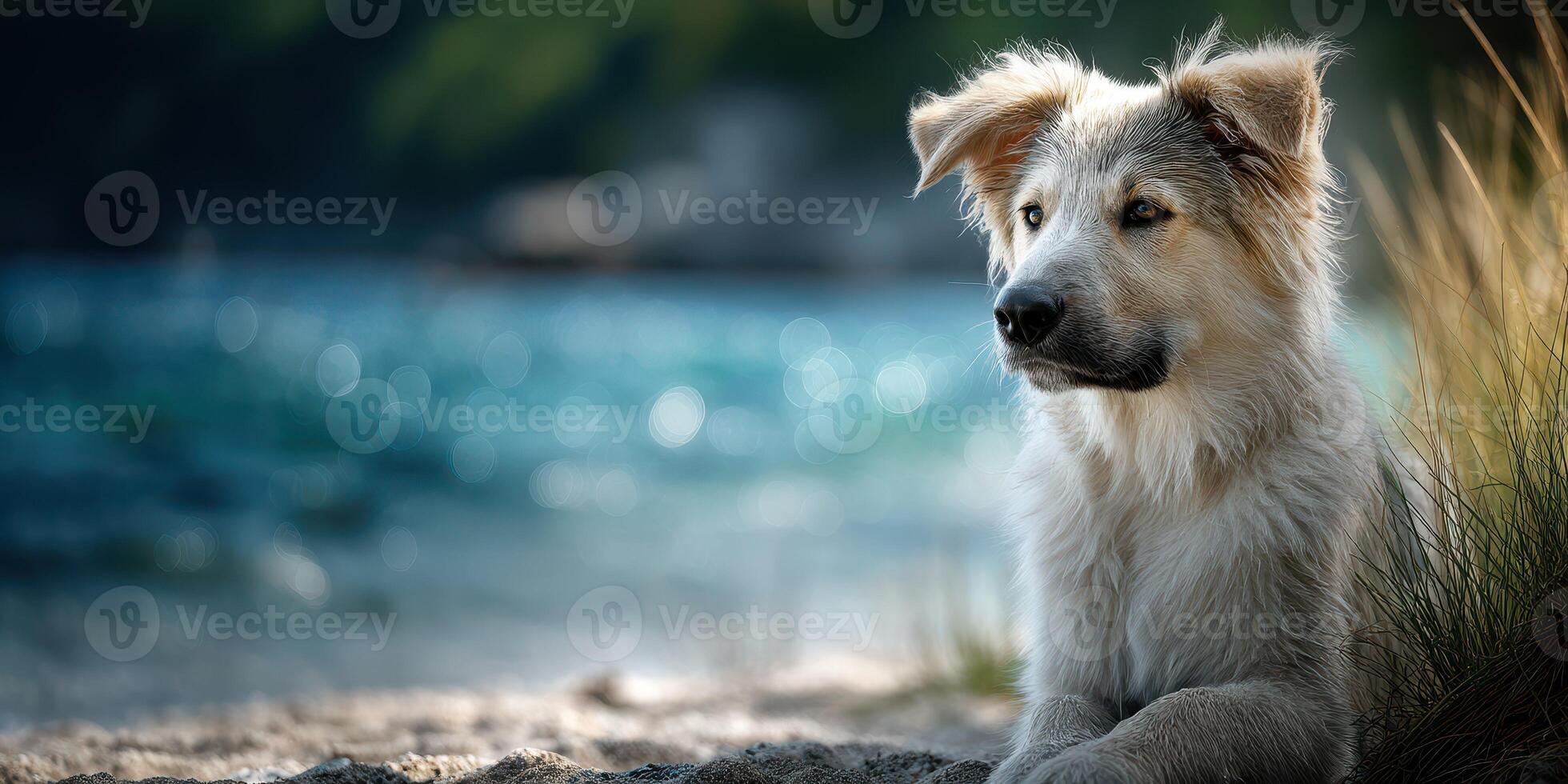 Dog rests by the lake during a sunny afternoon in a peaceful outdoor setting with gentle waves lapping at the shore photo