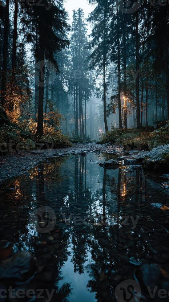 Misty forest landscape with trees and reflective water during twilight hours photo