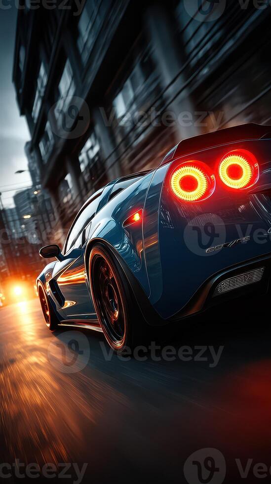 Fast car racing down urban street at night creating dynamic motion blur and vibrant light effects photo