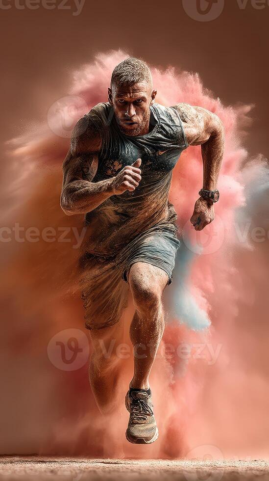 Runner bursts through colorful smoke in dynamic sprint during a fitness session at an outdoor location photo