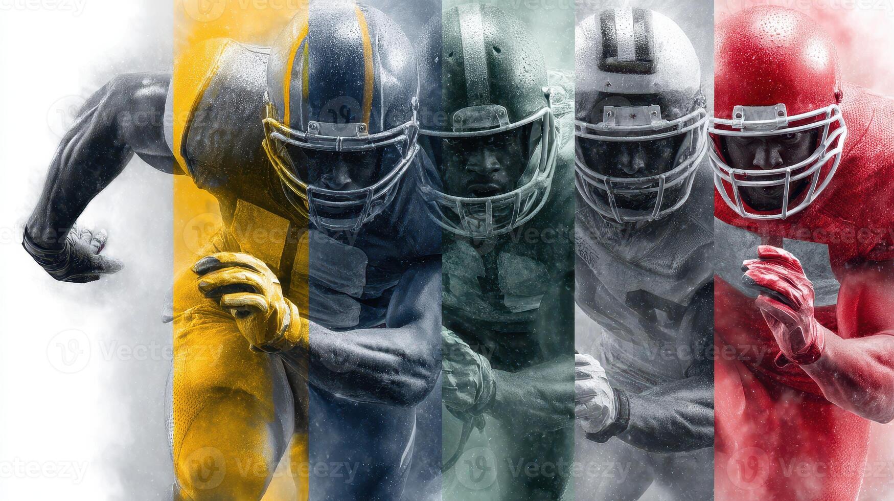 Dynamic football players in action showcasing different team uniforms during a game in a stadium photo