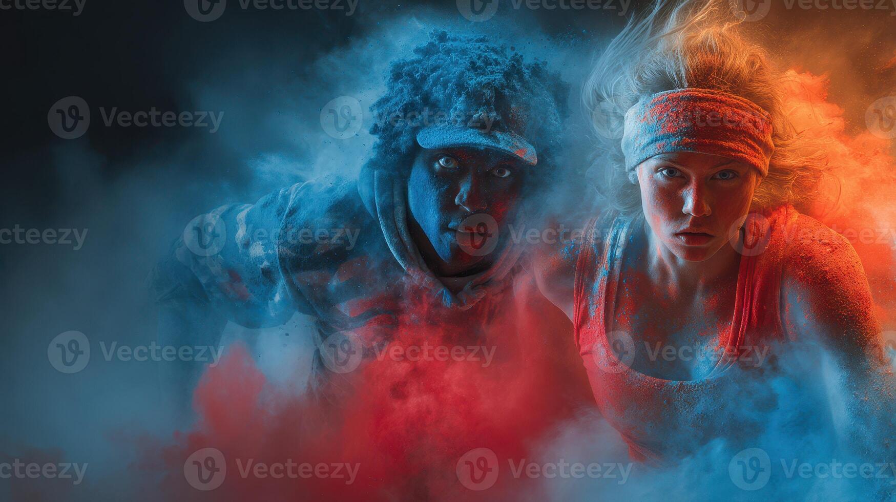 Dynamic duo competes in colorful powder run at outdoor festival in vibrant setting photo