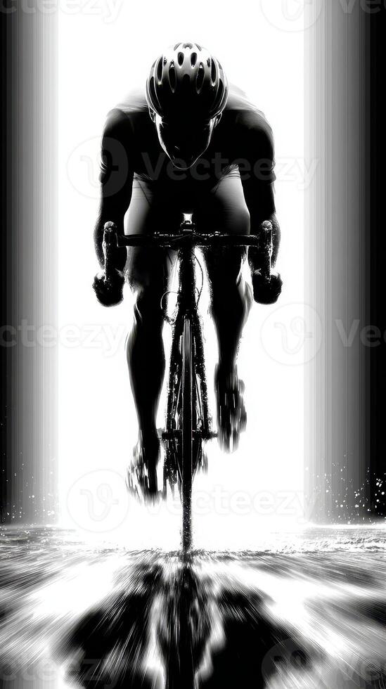 Cyclist racing through water in a dynamic black and white setting during a competitive event photo