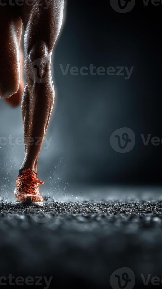 Runner in motion on a wet track during a night training session highlighting determination and speed photo