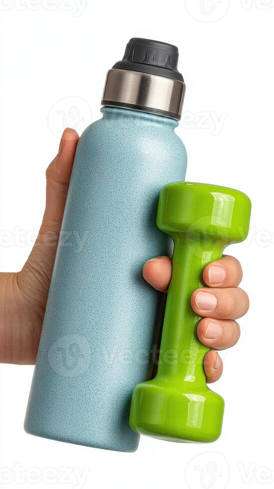 Hand holds blue water bottle and green dumbbell for fitness and hydration routine photo