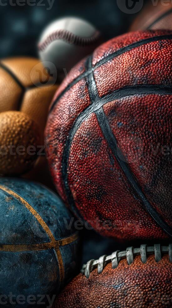 Various sports balls arranged together showcasing textures and details in a close-up setting photo